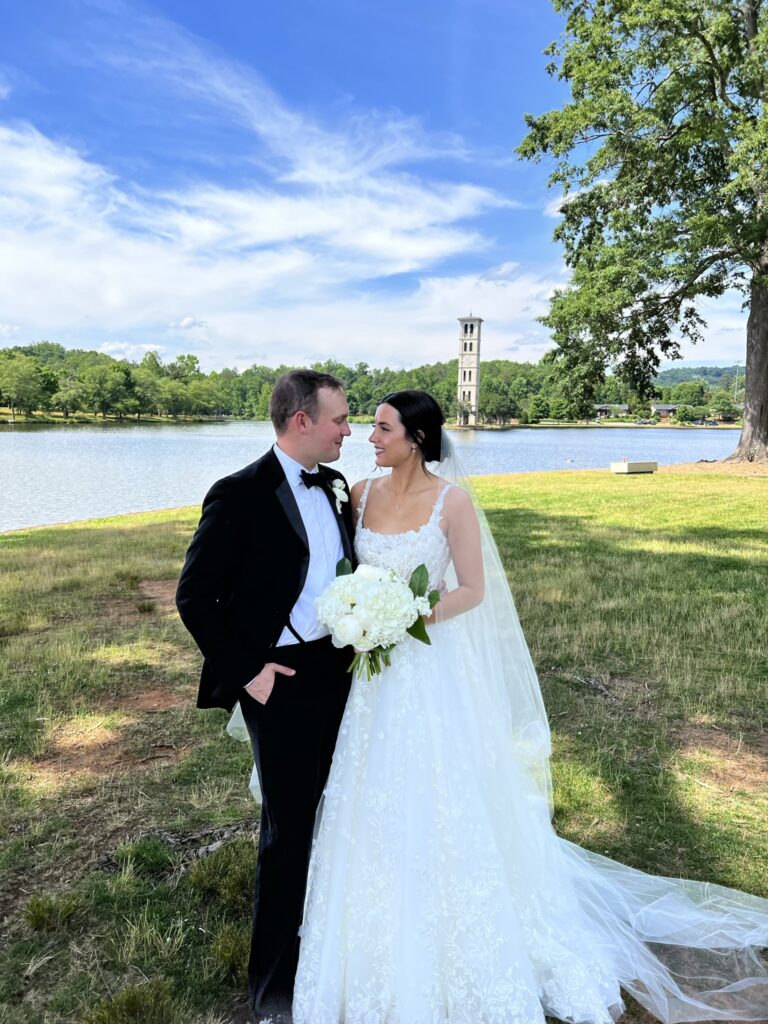 Tristan and Rebecca Meagher Wedding Photos at Furman University in front of BellTower